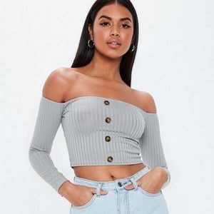 petite gray bardot ribbed horn button crop top